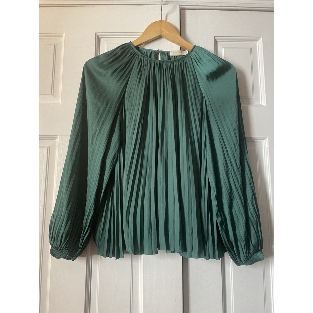 Ulla Johnson Aidy Pleated Satin Blouse Emerald Green Long Balloon Sleeve Size 2